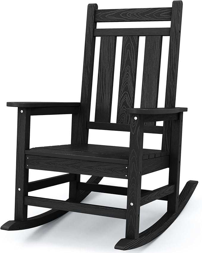 KINGYES Oversized Outdoor Rocking Chair, All-Weather Patio Rocking Chairs for Porch, HDPE Outdoor Patio Rockers with High Back & Wide Seat for Garden, Lawn, Black KINGYES
