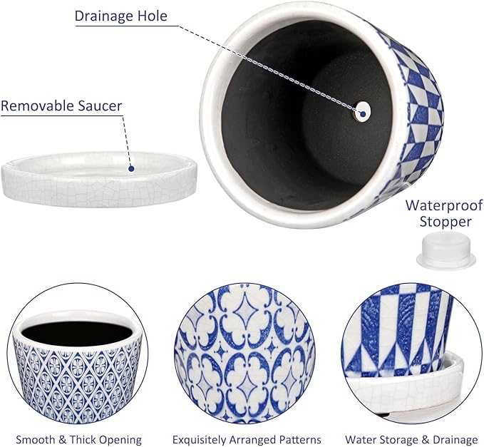 Small Ceramic Pots for Plants, 4.7 inch Blue and White Plant Pot Indoor with Drainage & Saucer Set of 3 Ceramic Planters for Indoor Plants Succulent Pot Decorative Flower Pots for Cactus, Orchid, Herb Oairse