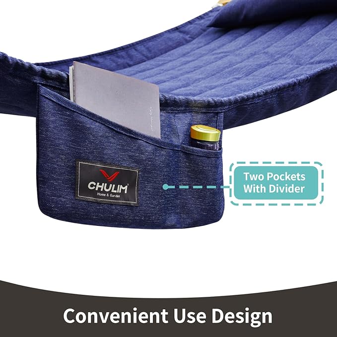 Double Quilted Fabric Hammock with Hardwood Spreader Bars and Pillow 450 LBS Capacity 2 Person Large Hammock for Outdoor Patio Backyard Poolside - Dark Blue CHULIM