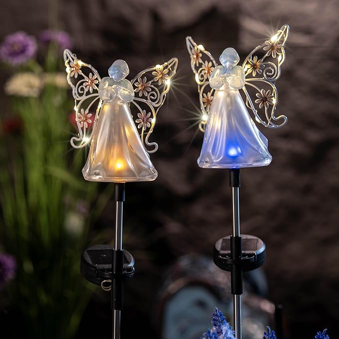 Solar Angels for Cemetery Grave Sympathy Memorial Remembrance Gift Solar Angels for Outside as Yard Decorations Lawn Ornaments Solar Garden Decor, Angel Gifts for Women 2 Pack (Pink Flower) ELFENGARDEN