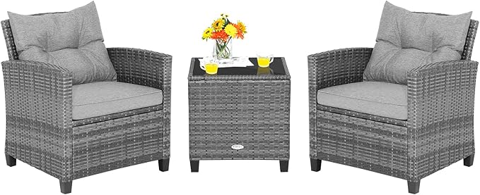 Tangkula 3 Pieces Patio Furniture Set, Outdoor PE Rattan Conversation Chair Set with Tempered Glass Side Table and Removable Cushions, PE Wicker Chairs and Table Set for Porch, Balcony and Garden TANGKULA