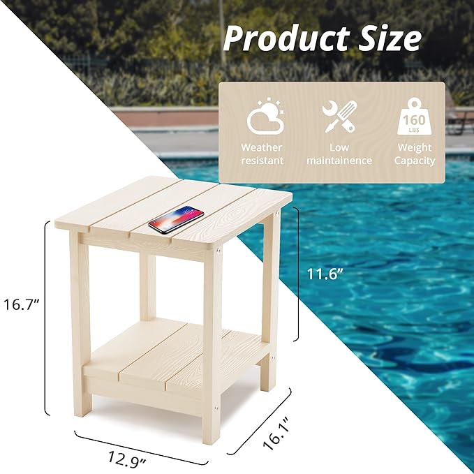 LUE BONA Adirondack Outdoor Side Table, 2-Tier Sand HDPS Patio End Table Weather Resistant, Morden Side Table for Patio, Pool, Porch LUEBONA