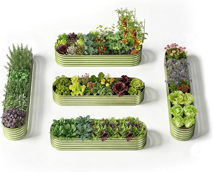 5-Pack 18” Tall Galvanized Raised Garden Beds – Everyday Kitchen Garden Layout, Fits 200 Sq Ft Patio or Backyard, 10x2x1.5 ft & 8x2x1.5 ft Metal Flower Bed for Herbs Vegetable - Moss Green Annoell