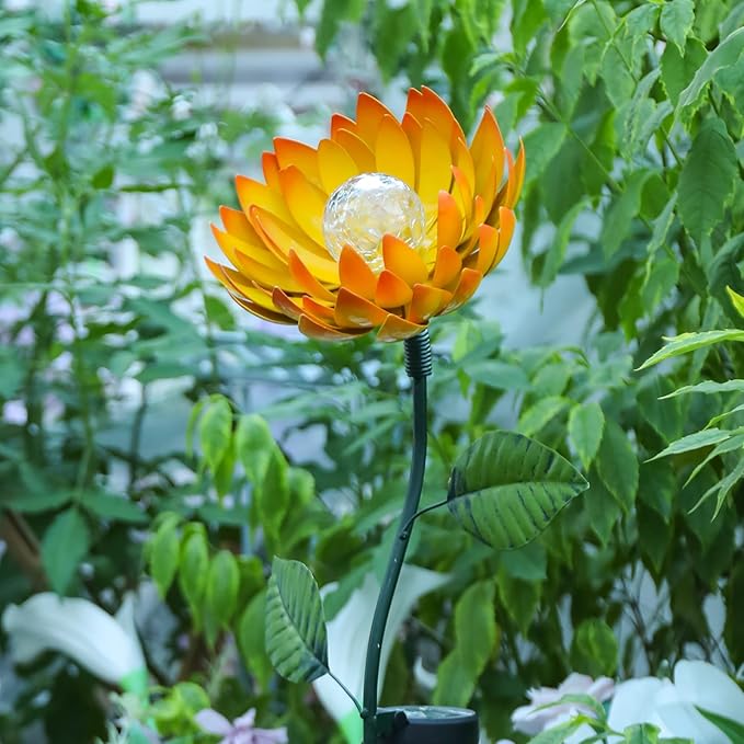 VCUTEKA Solar Garden Lights Metal Flower Decor Colorful Yellow Flowers Solar Pathway Light with LED Cracked Crystal Ball Outdoor Decorative Stake for Patio Yard Lawn VCUTEKA