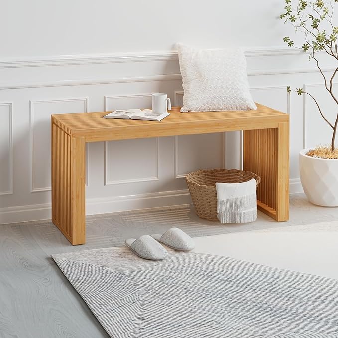 Bamboo Dining Bench, 35 inch Farmhouse Decor Indoor Kitchen Table Bench, Entryway Shoe Rack Bench Solid Bamboo Benches for Living Room, Hallway, Bedroom, Bathroom (Nature, Long-Outdoor) HEALTHYYOU