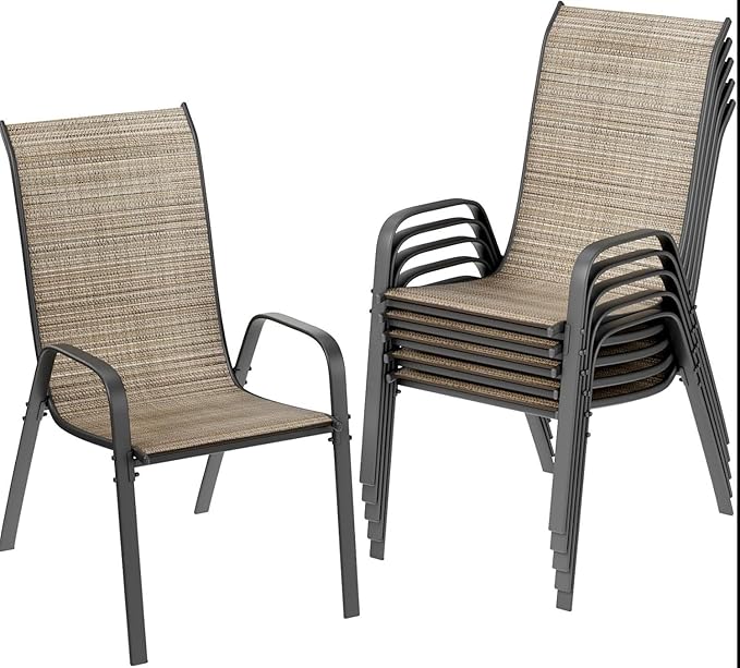 MAMIZO Patio Dining Chairs, Stackable All Weather Teslin Chair, Heavy Duty Outdoor Breathable Chairs Set, w/Armrests, Upgraded Chair FeetW/Strenthened Iron Spacers, 330 LBS (6, Brown) MAMIZO