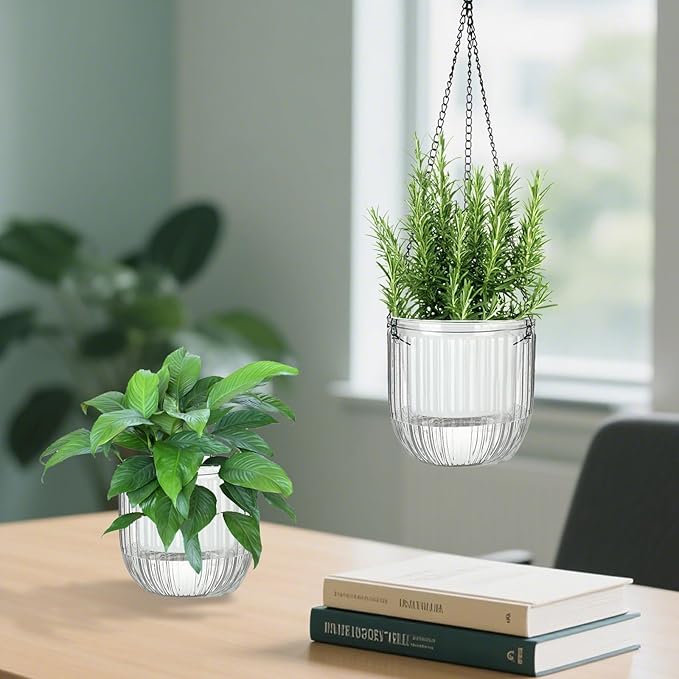 Self-Watering Hanging Planter for Indoor Plants - Easy Care, Long Lasting - Perfect for Herbs, Succulents, and More (White Transparent) Rootora