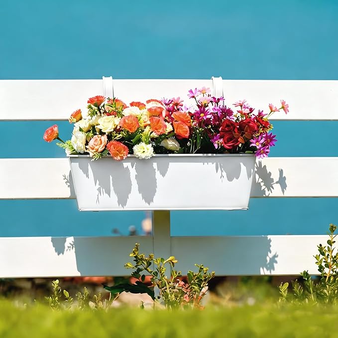 3 Pack Metal Railing Planters, 16 Inch Large Rectangular Hanging Flower Pots with Detachable Hooks & Drainage Holes, Fits Rails up to 2.5", Galvanized Iron Window Box for Balcony Garden - White MeltsetM