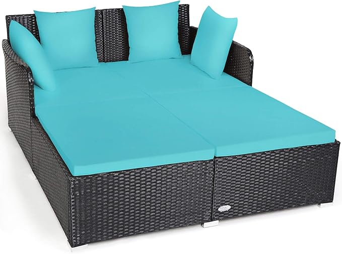 Tangkula Outdoor Rattan Daybed, Sunbed Wicker Furniture w/Spacious Seat, Upholstered Cushion & High-Resilience Sponge, Wicker Patio Sofa Set w/Extra Pillows for Courtyard Poolside(Turquoise) TANGKULA