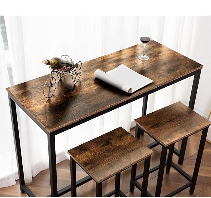 HOOBRO Bar Table and Chairs Set, 47.2” Rectangular Pub Table with 2 Stools for Small Space, High Top Table, 3-Piece Breakfast stools Set, Sturdy Metal Frame, Easy to Assemble, Rustic Brown BF52BT01 HOOBRO