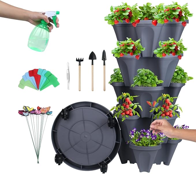 DUNCHATY Stackable Planter, Vertical Strawberry Planter with Garen Tool Set, Self Watering Garden Planter Indoor/Outdoor 5 Tier Herb Planter Pots for Growing Vegetables and Succulents, Dark Gray DUNCHATY