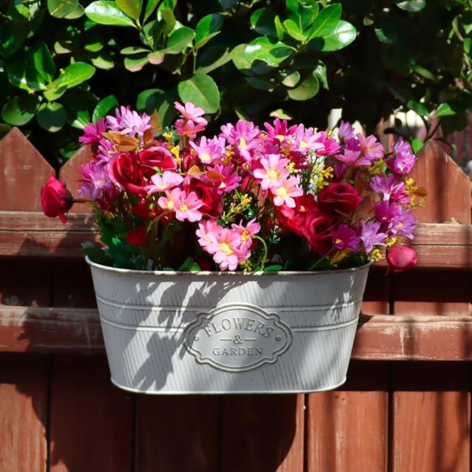 3 Pack Metal Railing Planters, 10.5" Oval Hanging Flower Pots with Detachable Hooks & Drainage Holes, Fits Rails up to 2.36", Galvanized Iron Fence Bucket for Balcony Garden Patio - Letter White MeltsetM