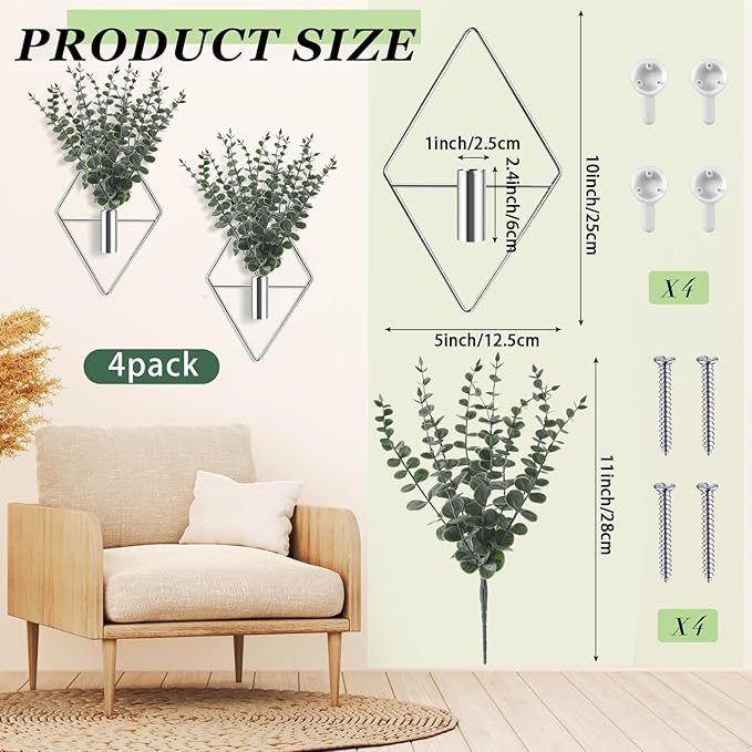 Jexine 8 Pcs Hanging Planters with Artificial Eucalyptus Metal Hanging Vase Indoor Plants Holder Modern Geometric Boho Bathroom Wall Decor for Living Room Home Office (Eucalyptus,Silver) Jexine