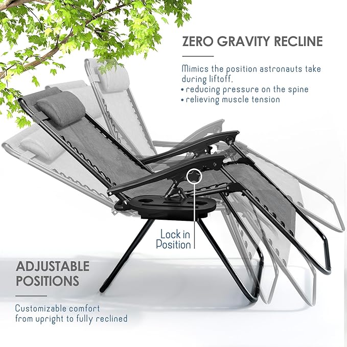Nestl Zero Gravity Chairs Set of 6, Patio Lounge Chair Outdoor with Pillows & Cup Holder Trays, Adjustable Steel Mesh Reclining Camping Chair, Folding Patio Lawn Chair for Deck, Beach, Yard - Grey Nestl