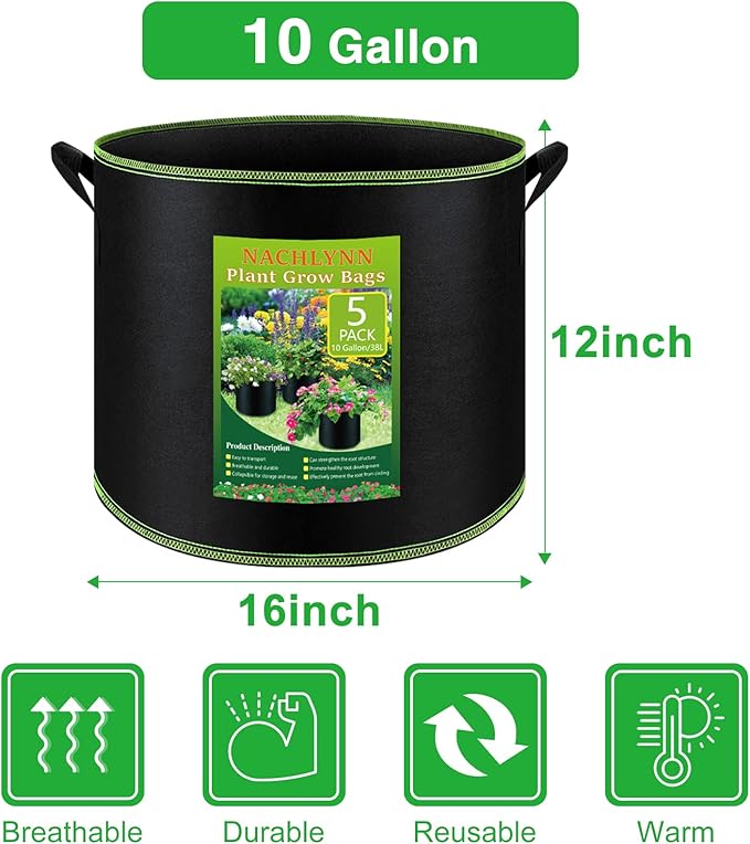 NACHLYNN 5-Pack 10 Gallon Grow Bags with Handles Thickened Nonwoven Fabric Pots Heavy Duty Aeration Fabric Pots Plant or Fruits Flowers Plant Createyourownlifestory