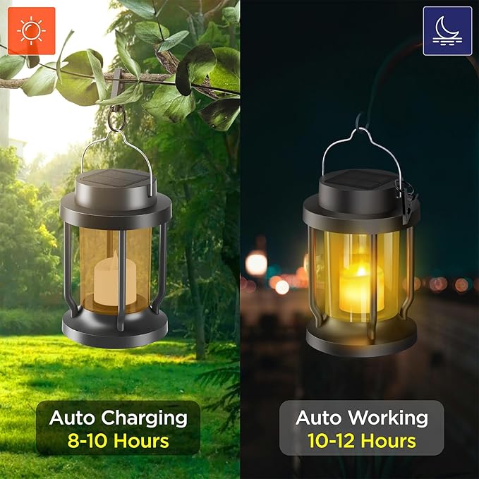 Solar Lantern Outdoor & Indoor Use – Hanging Solar Lights with Realistic Flickering Flameless Candle, Weatherproof for Gardens, Patios, Trees, and Lawns (Black + Amber, 1 Pack) Rootora