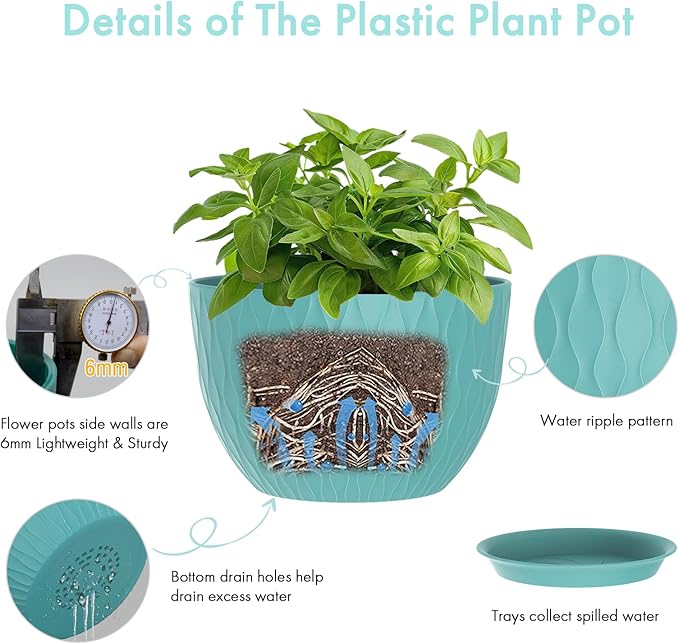 12 Inch Large Plant Pots for Indoor or Outdoor Plants, Wide Water Ripples Flower Pots with Drainage Holes & Saucer, Plastic Planters Set for Garden & Home Decor (Blue Green) WSMKSZ