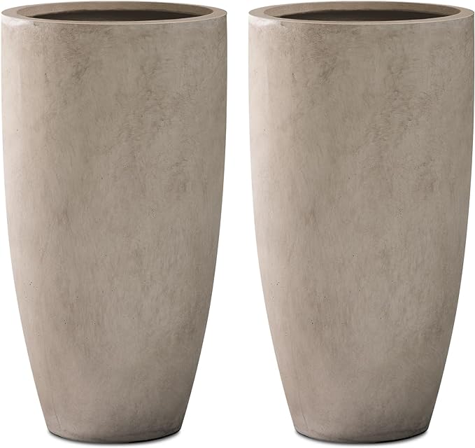 Kante 23.6" H Weathered Concrete Tall Planters (Set of 2), Large Outdoor Indoor Decorative Plant Pots with Drainage Hole and Rubber Plug, Modern Style for Home and Garden Kante