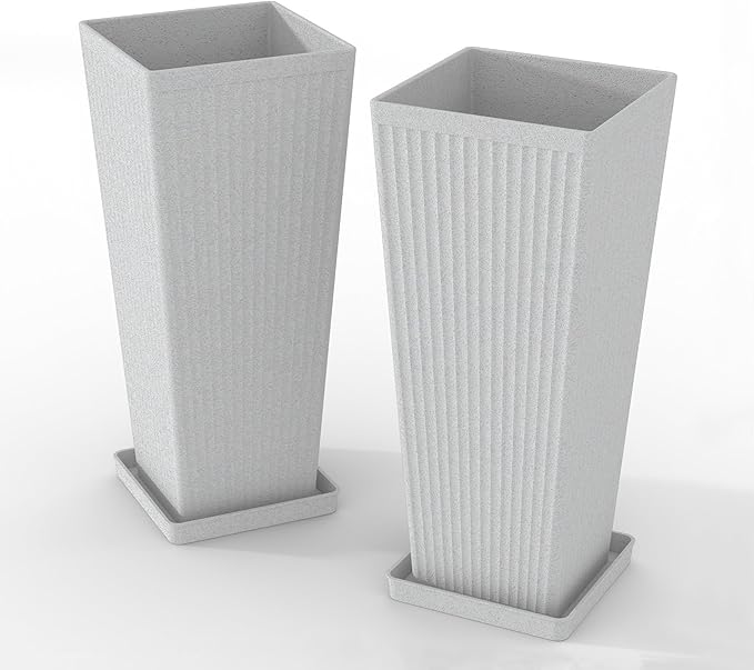 Tall Planters for Outdoor Plants Set of 2, 23.6" Large Taper Flower Plant Pots with Drainage Hole and Drainage Trays, Weather-Resistant Plastic planters for Patio, Porch, Garden, Grey Rootora