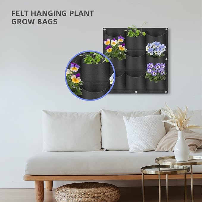 9 Pockets Hanging Planter Bags, Hanging Vertical Wall Mounted Plant Planting Grow Bags, Herb Garden Planter Outdoor Indoor Growing Bag, Gardening Vertical Greening Flower Container(0.5m×0.5m, Black) Pehciroe