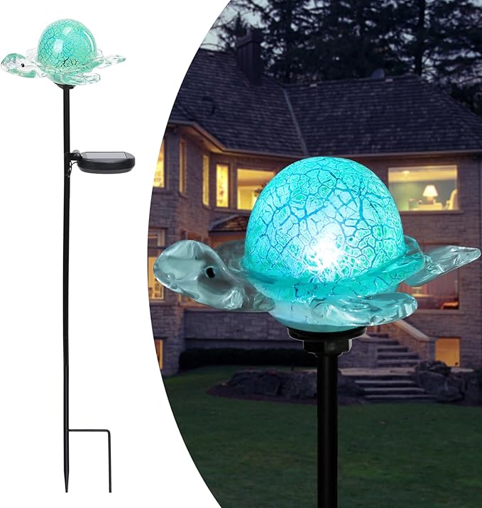 Afirst Decorative Solar Lights Outdoor Solar Turtle Stake Lights Hand Blown Glass Decorative Garden Pathway Light Outdoor Waterproof Glass Stakes Green Afirst