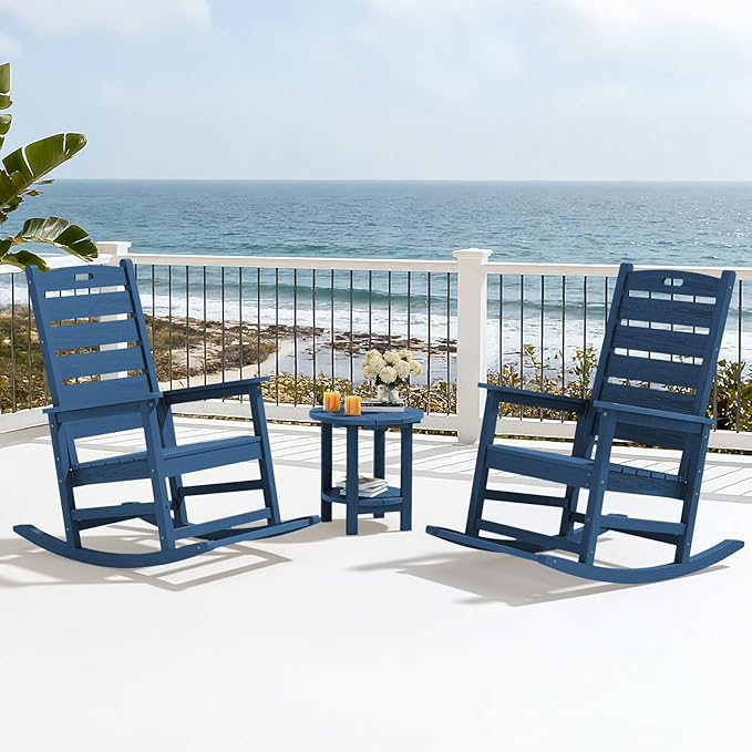 SERWALL Oversized Outdoor Rocking Chair, HDPE Patio Rocking Chair with Footrest for Adults, All Weather Porch Rocker for Deck Patio Balcony, Navy SERWALL