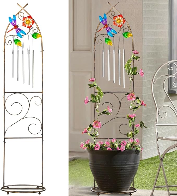 Garden Trellis with Plant Stands, 48” Metal Detachable Dragonfly Plant Pot Trellis with Wind Chimes for Climbing Plants Outdoor Lawn Patio Porches Decor SUNNYPARK