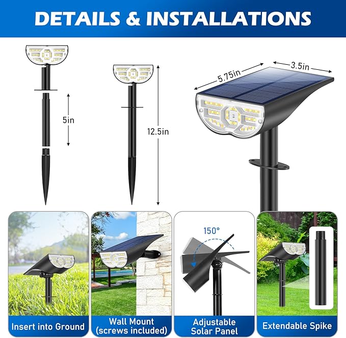 Solar Lights Outdoor, 5 Working Modes Solar Powered Spotlights for Yard, Waterproof Outside Solar Landscape Lights with 3 Color Temperatures, Bright LED Outdoor Lights for Garden Tree Pathway, 8-Pack TOBUSA
