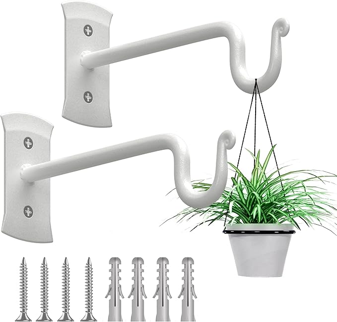 RTZEN Plant Hangers Indoor or Outdoor - Wrought Iron Metal Hanger Indoor Hook - Heavy Duty Wall Bracket Hooks for Hanging Plants Baskets Lanterns Wind Chimes - 2 Pack (White Shepherds Hooks 7.5") RTZEN