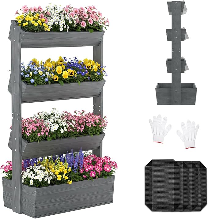 SUNYRISY 4 Tiers Vertical Raised Garden Bed Outdoor Planter Tower, Wooden Freestanding Planter Box for Planting Herbs Flowers Vegetables Patio Balcony Indoor Outdoor Gardening, Grey SUNYRISY