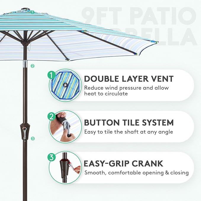 JEAREY 9FT Outdoor Patio Umbrella Outdoor Table Umbrella with Push Button Tilt and Crank, Market Umbrella 8 Sturdy Ribs UV Protection Waterproof for Garden, Deck, Backyard, Pool (Blue Green Stripe) JEAREYOutdoorsCollection