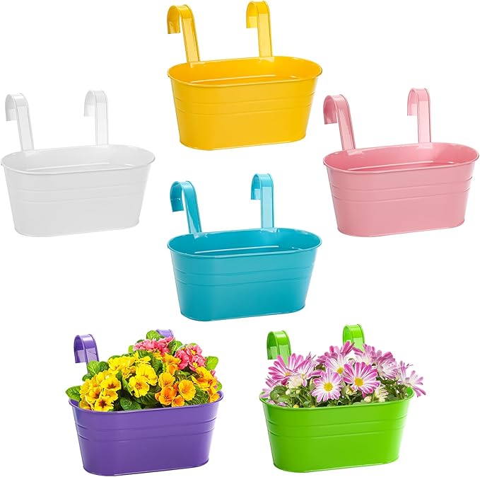 Foraineam 6 Pack Hanging Flower Pots, Metal Iron Plant Pot Holders, Garden Pots Balcony Planters, Metal Bucket Flower Holders Wall Hanging Decor Pot with Detachable Hooks for Railing Fence Balcony Foraineam
