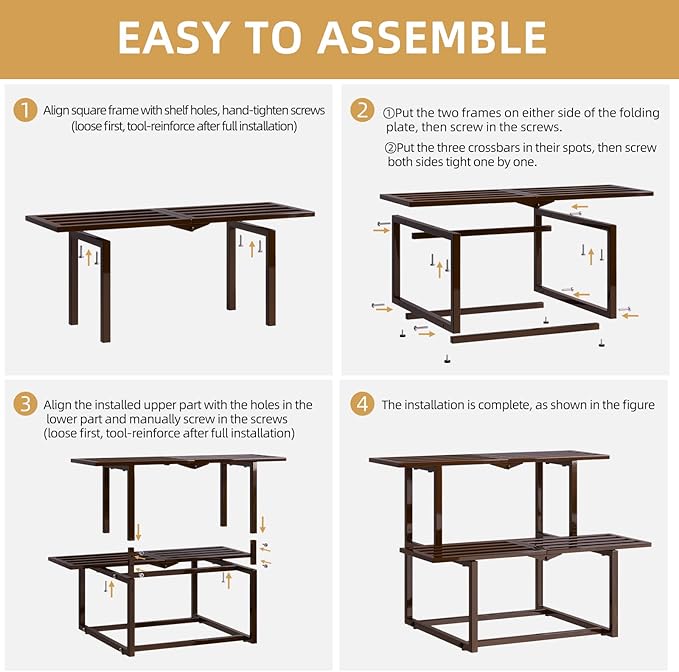 Metal Plant Stand, Foldable Heavy Duty Indoor, Window Iron Plant Shelf - Mid Century Modern Slatted Display for Patio, Garden, Living Room Load Bearing 330 lbs 26" L x 20.2" H x 17.7" W 2 Tier Coffee HomecourtyardsInterio