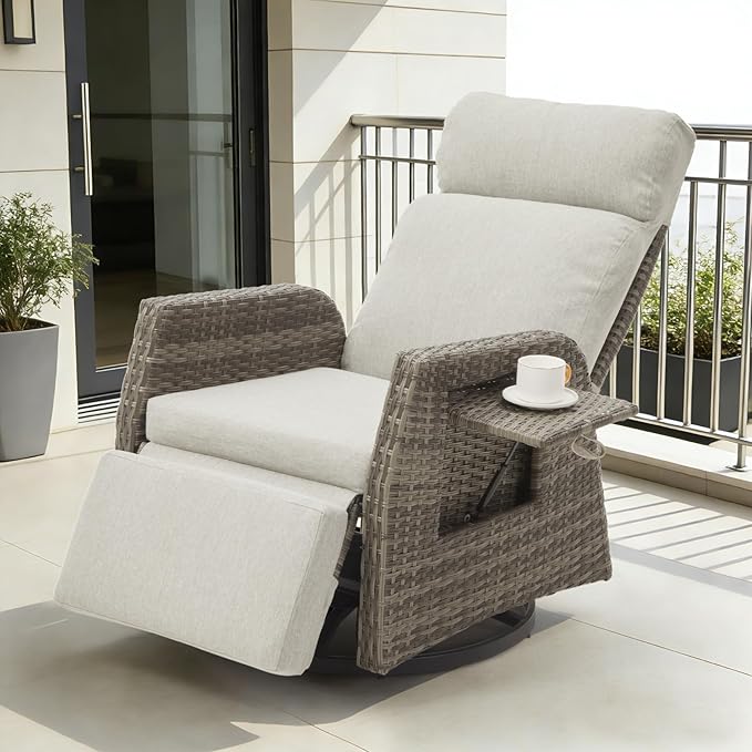 Adjustable Outdoor Recliner Chair with Independent Backrest & Footrest, Patio Swivel Recliner Chair, Wicker Reclining Patio Chair w/Flip-Up Table, Air Pump 155° Lay Flat Chaise Lounge, Gray Rootora