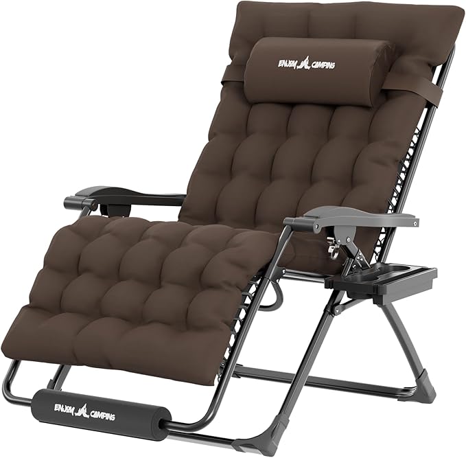UDPATIO Oversized Zero Gravity Chair, 33In XXL Patio Reclining Chair with Cushion, Outdoor Folding Recliner with Pillows|Cup Holder|Foot Rest|Padded Headrest, Brown Grey, Support 500LB UDPATIO