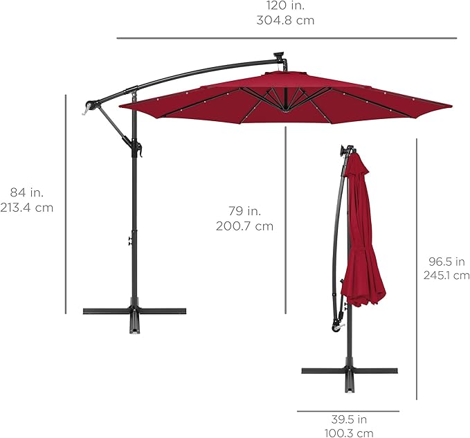 Best Choice Products 10ft Solar LED Offset Cantilever Hanging Market Patio Umbrella, 8 Sturdy Ribs, Easy Adjustment - Burgundy BestChoiceProducts