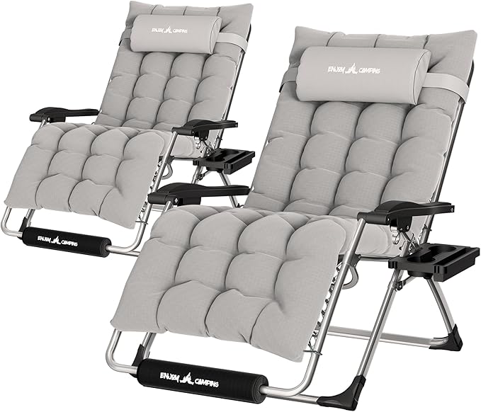 UDPATIO Oversized Zero Gravity Chair 33In XXL Patio Reclining Chair with Cushion, Outdoor Folding Recliner with Pillows, Cup Holder, Foot Rest & Padded Headrest, Support 500LB (2, Light Grey-XL) UDPATIO