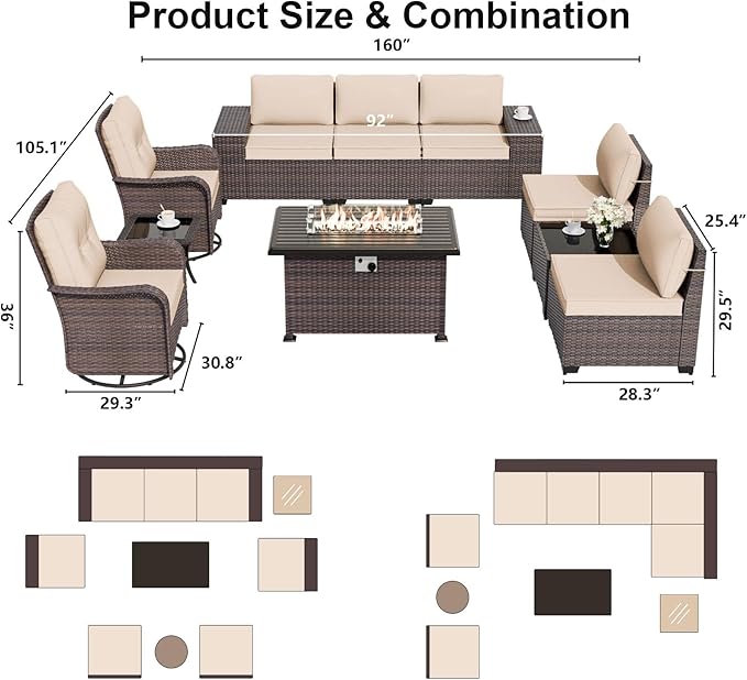 ALAULM 10 Pieces Patio Furniture Set with 2 Swivel Chairs Patio Furniture Outdoor Sectional Sofas with 55000 Gas Fire Pit Patio Conversation Set w/7 Cushions-Sand ALAULM