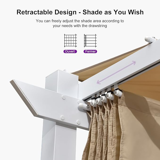 PURPLE LEAF 10' x 10' Outdoor Aluminum Pergola White Heavy-Duty Retractable Pergola Patio Metal with Double Sun Shade Canopy and Light for Backyard Gardens Deck, Khaki Rootora