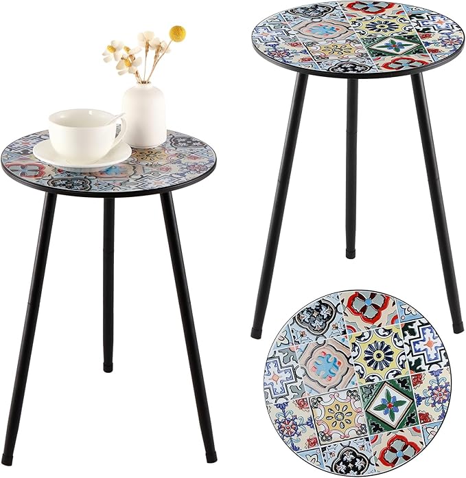 2 Packs Metal Mosaic Round Side Tables 13.4" Small Outdoor Patio Round Accent Coffee Tables Indoor Corner Stand for Small Spaces Weather-Resistant for Balcony, Porch Plant Stands Indoor, Mixed Mosaic PartyZealot