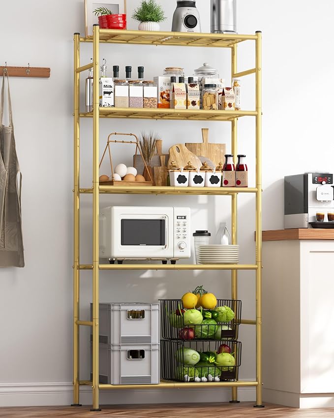 Storage Shelves - 5 Tier Shelf Organizer, Heavy Duty Garage Shelving Unit with Leveling Feet, Stable Metal Shelves Organizer for Pantry, Kitchen and Closet, 33.0" W x 12.6" D x 72.0" H, Gold Sakugi