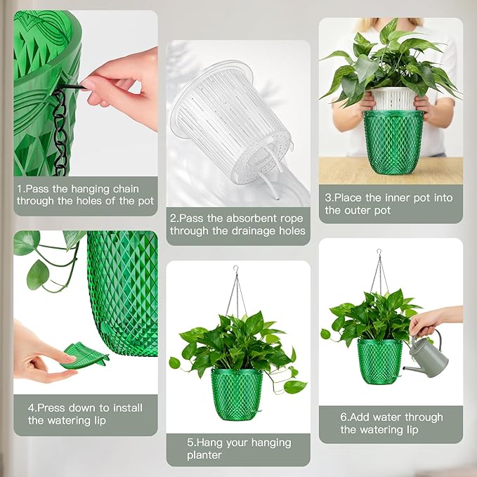 QCQHDU Self Watering Hanging Pots, 2 Pack 5.7 Inch Hanging Planters for Plants Indoor, Outdoor Flower Pots with Drainage Holes and 3 Hooks Chains for Garden Home (Emerald) QCQHDU