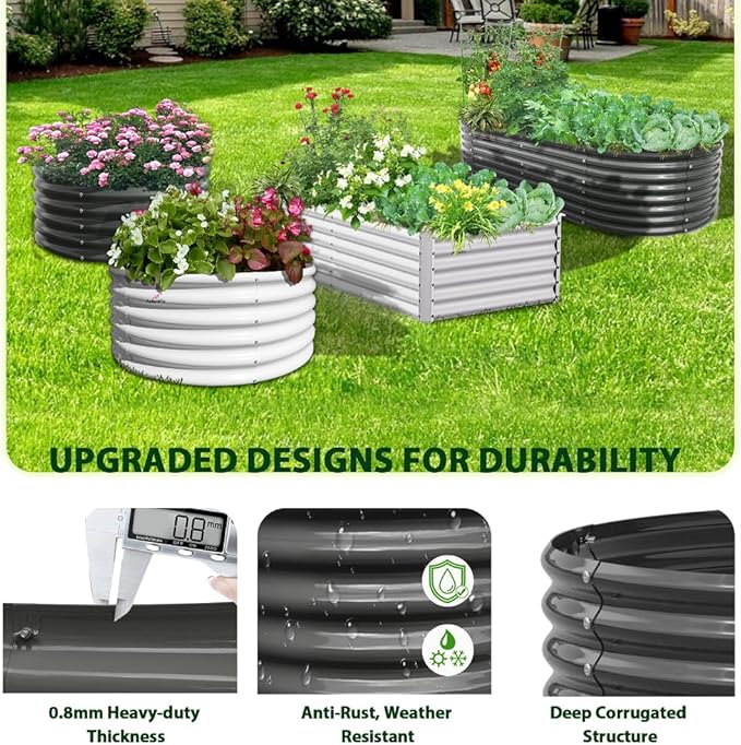 A ANLEOLIFE 4-Pack 6X3X2ft & 8X4X2ft Deep Root Galvanized Raised Garden Beds Outdoor for Planting Vegetables Flowers Herb, Quartz Grey AAnleolife