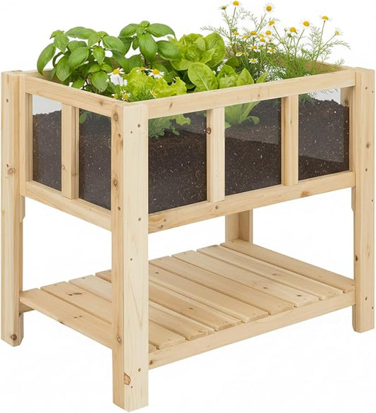 Raised Garden Bed with Transparent Acrylic Side Panels, Elevated Wooden Planter Box with Shelf for Vegetables, Herbs & Flowers,Outdoor Raised Garden Planter for Patio, Balcony & Backyard Ketive