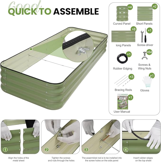 5-in-1 Adjustable Raised Garden Bed Kit | Galvanized Planter Boxes for Vegetables, Flowers | 12" Tall, Multiple Sizes (8x3x1ft, 9x2x1ft, 10x1x1ft, 6x5x1ft, 7x4x1ft) | Outdoor Metal Raised Bed, Green GGOODGAIN