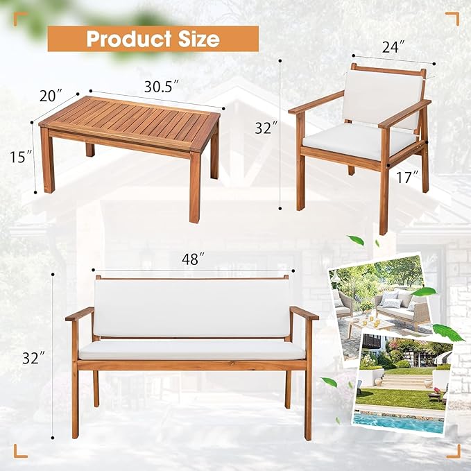 Devoko Patio Furniture 4 Piece Acacia Wood Outdoor Conversation Sofa Set with Table & Cushions Porch Chairs for Garden, Deck, Backyard, Natural DEVOKO