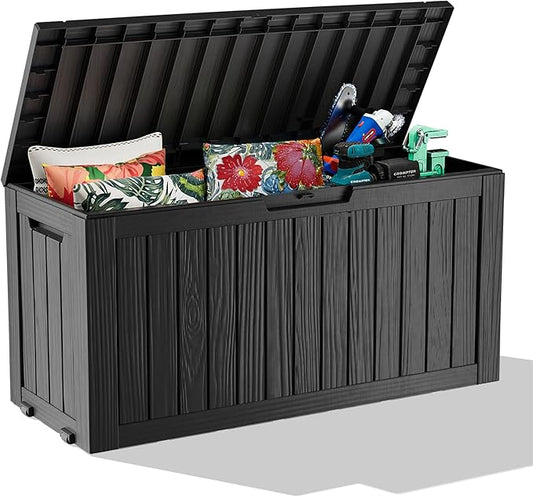 EasyUp 90 Gallon Outdoor Deck Box Waterproof, UV Resistant Resin Outdoor Storage Box for Delivery, Porch, Patio and Garden, Black EASYUP