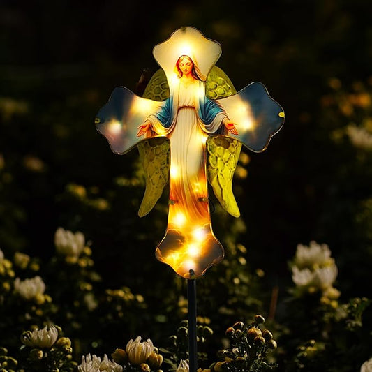 Solar Virgin Mary Cross Garden Lamp for Grave - Angel Wing Memorial Decoration, Waterproof Solar Stake Lamp for Easter, Courtyard, Yard - Sympathetic Gift for Loved Ones. Elegant Cross Rootora