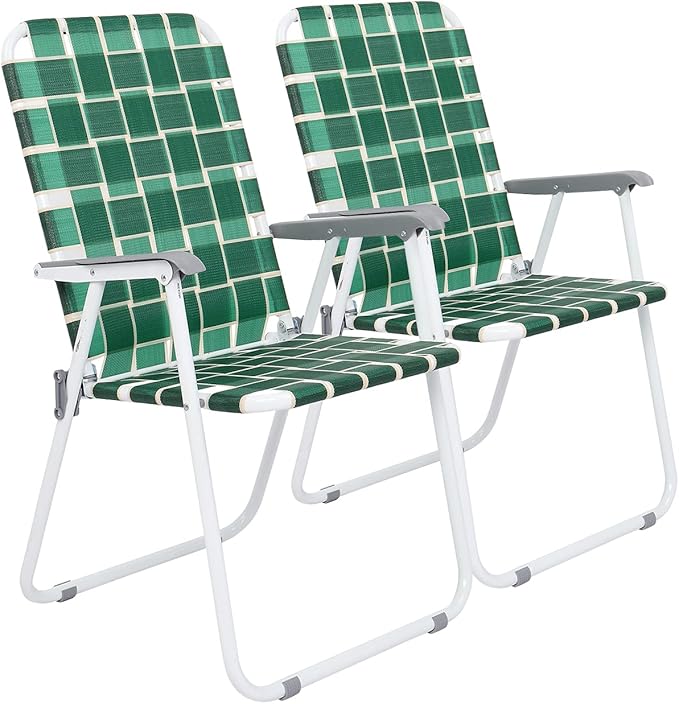 VINGLI Patio Lawn Webbed Folding Chairs Set of 2, Outdoor Beach Chair Portable Dining Chair for Outdoor Yard, Garden (Dark Green, Classic) VINGLI
