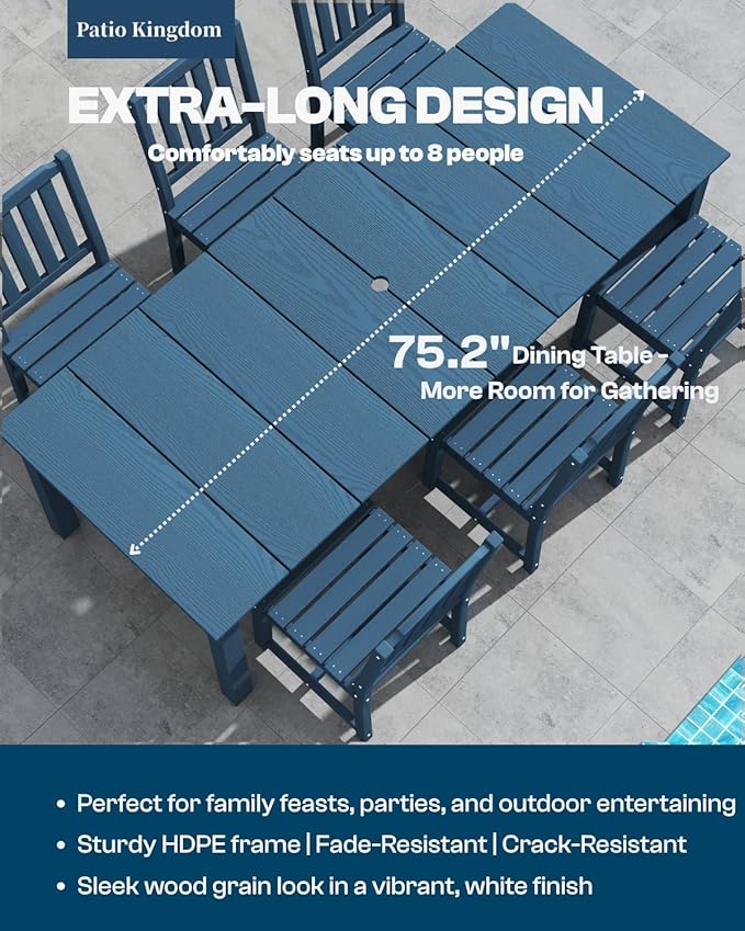9-Piece Outdoor Dining Set for 8, 75.2'' HDPE Table with Umbrella Hole & Chairs, Weather-Resistant Patio Furniture for Lawn, Yard, Balcony, Deck Navy Blue PatioKingdom